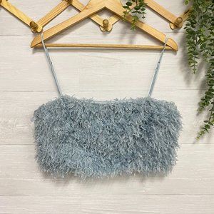 ZARA Dusty Blue Crop Top with Feathers NWT